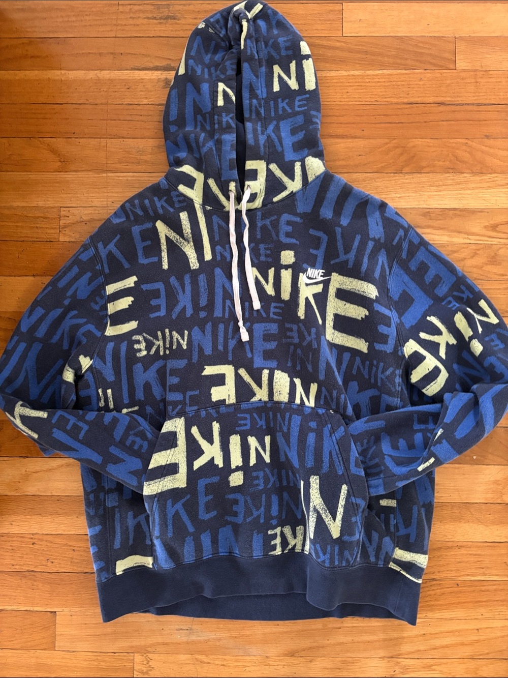 Nike Navy & Light Yellow All-Over Logo Pullover Hoodie